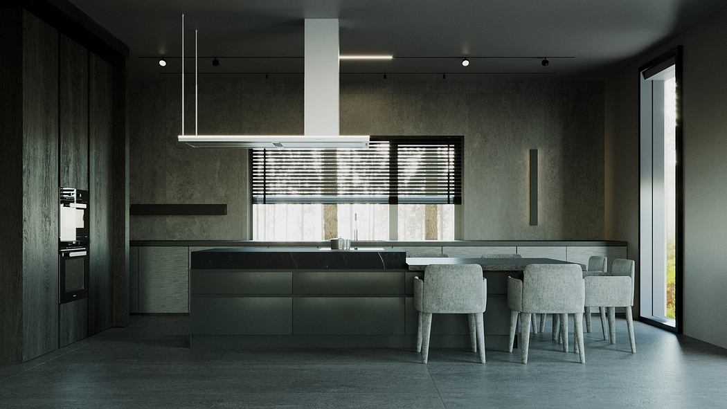 Sleek, modern kitchen with minimalist cabinetry, large windows, and a dining area.