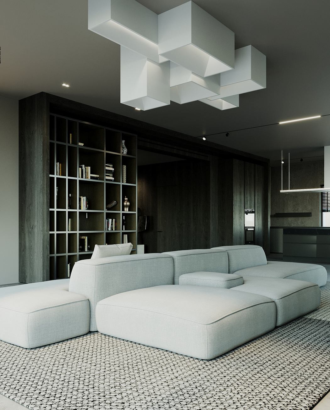Minimalist living room with geometric lighting fixture, dark wood shelving, and textured rug.