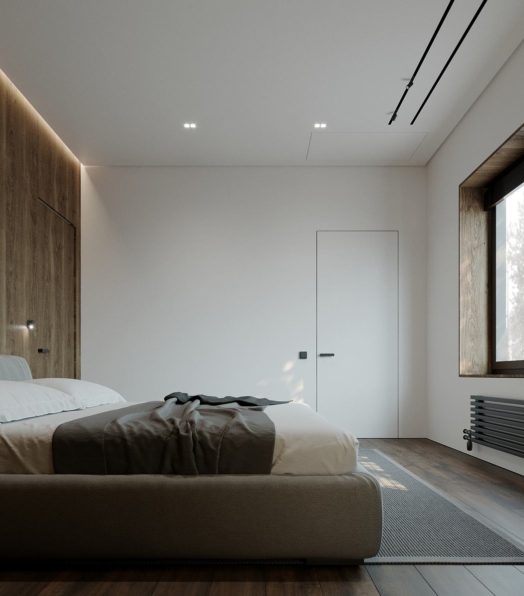 Minimalist bedroom with wooden paneling, built-in lighting, and streamlined furnishings.