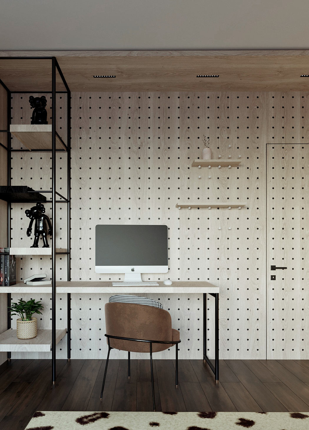 A modern, minimalist workspace with a pegboard wall, floating shelves, and a leather chair.