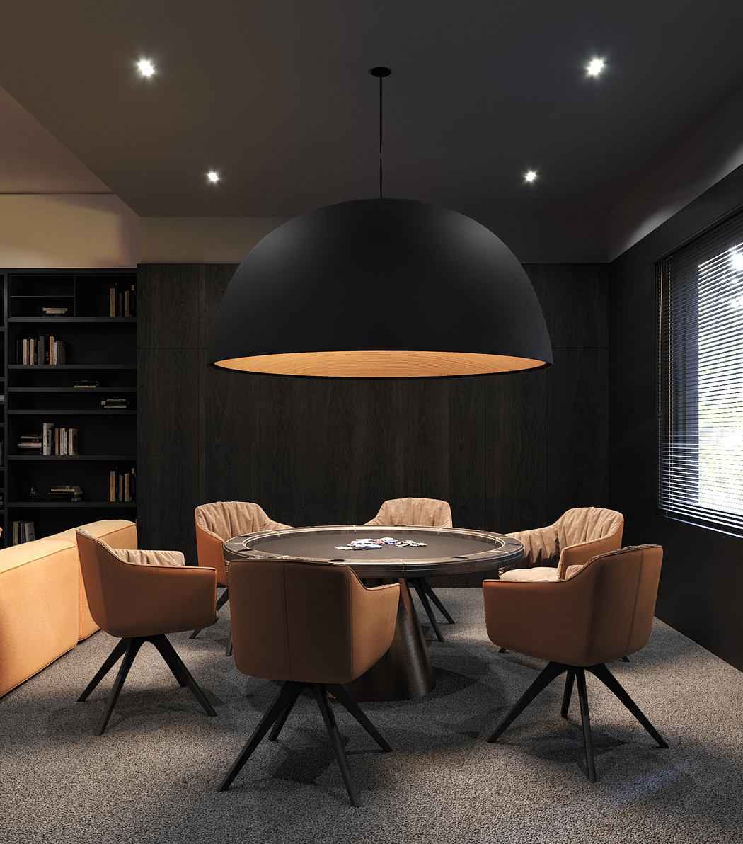 A modern, dimly lit dining room with a large black dome light, dark walls, and tan leather chairs.