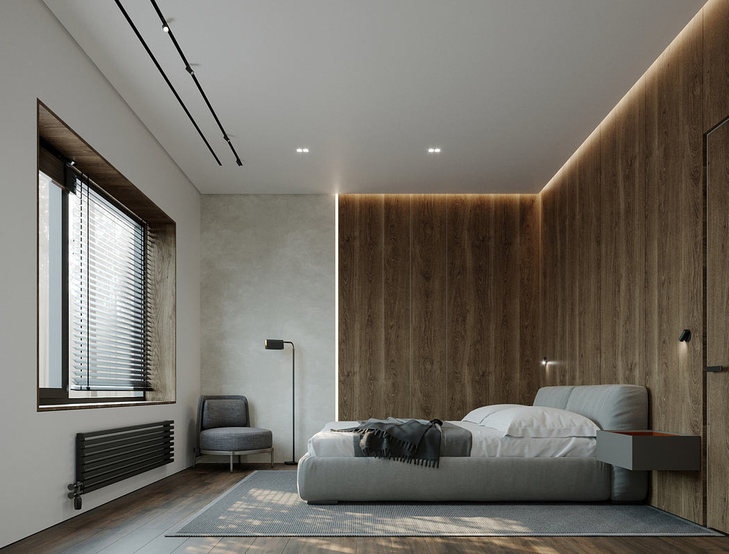 Minimalist bedroom with warm wooden panels, recessed lighting, and a contemporary gray bed.