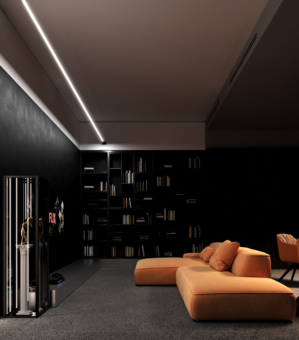 Sleek, modern living room with orange sofa, built-in bookshelves, and recessed lighting.
