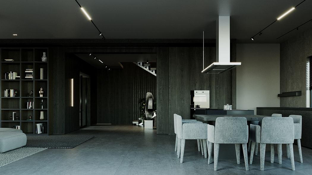 A sleek, modern interior with dark wood walls, track lighting, and a minimalist dining area.
