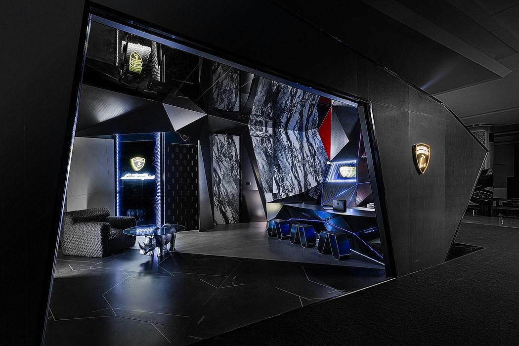 A futuristic interior with geometric patterns, moody lighting, and sleek furniture.