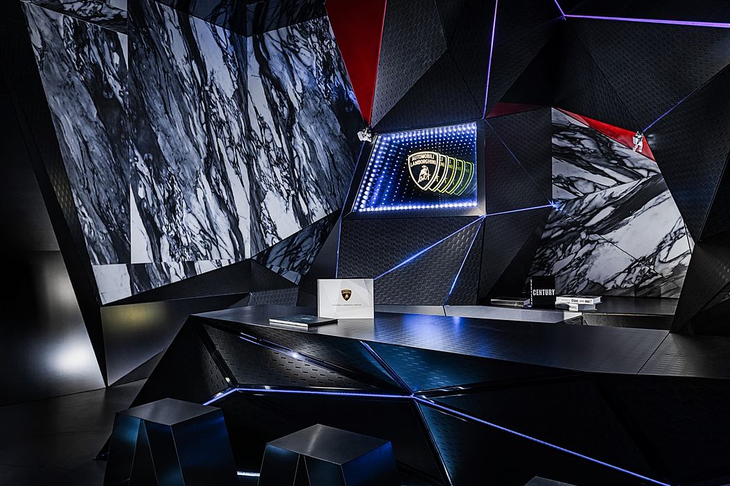 Striking modern design with geometric shapes, bold colors, and intricate lighting displays.