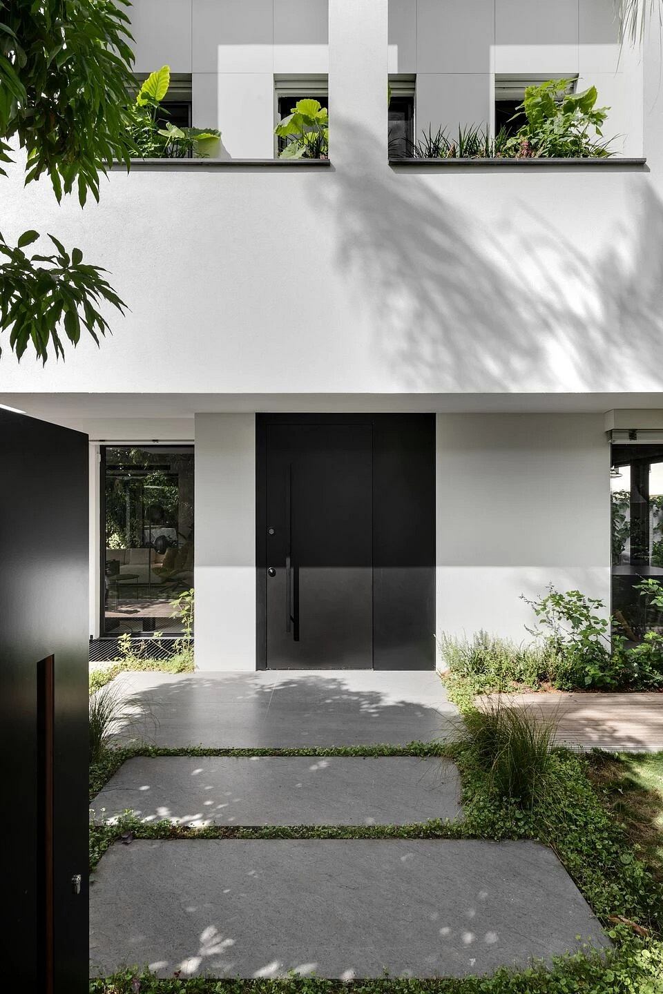 A modern, minimalist exterior with potted greenery and a sleek black entry door.