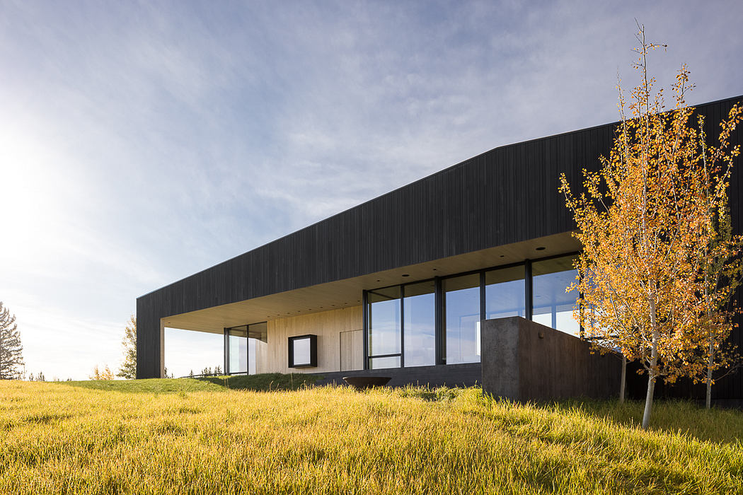A modern, single-story structure with a distinctive black exterior and large glass windows.