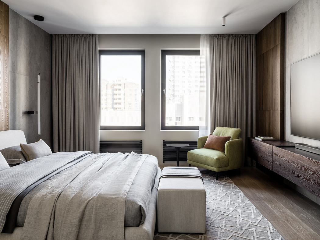 Elegant modern bedroom with floor-to-ceiling windows, wood paneling, and plush seating.