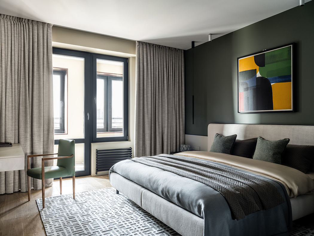 A modern bedroom with sleek, angular furniture, large windows, and a bold abstract artwork.