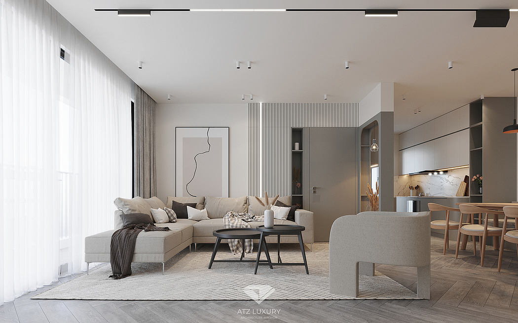 Minimalist living room with modern furniture, geometric wall decor, and indirect lighting.