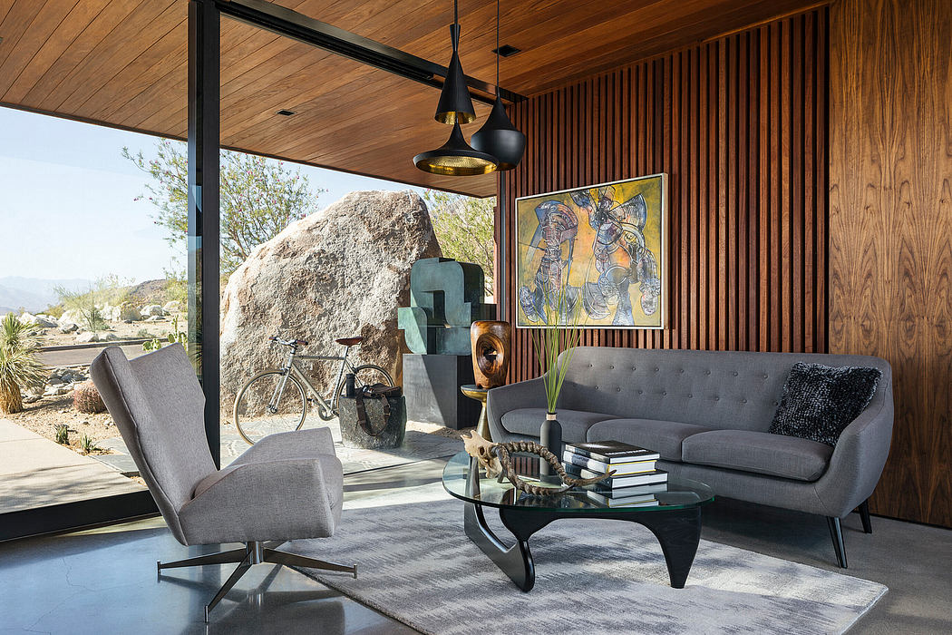 Rustic modern living space with wood paneling, minimalist furnishings, and unique decor.