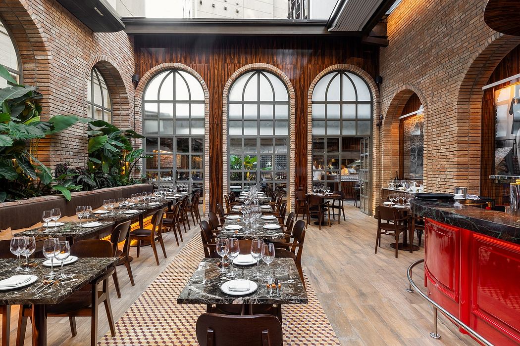 Elegant brick arched windows, wooden paneling, and marble-topped tables in this modern restaurant.
