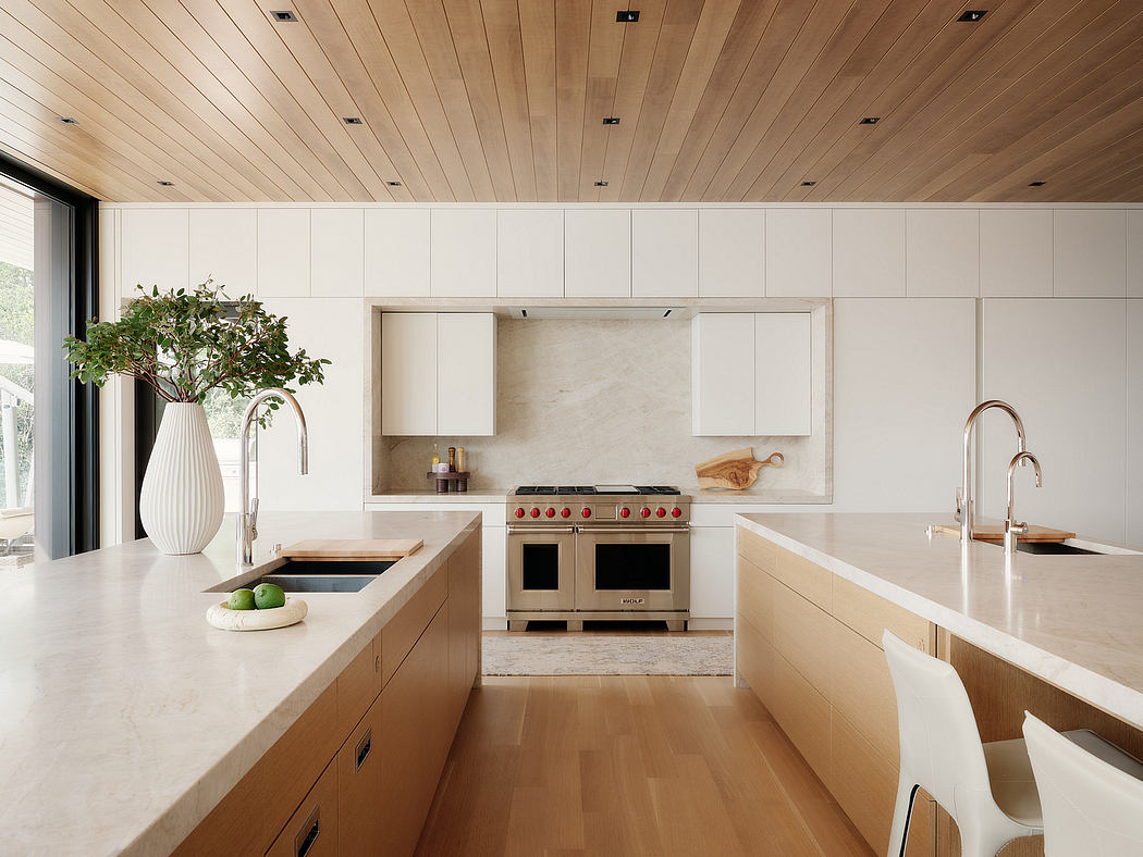 A modern kitchen with light wood paneled walls, white cabinetry, and sleek appliances.