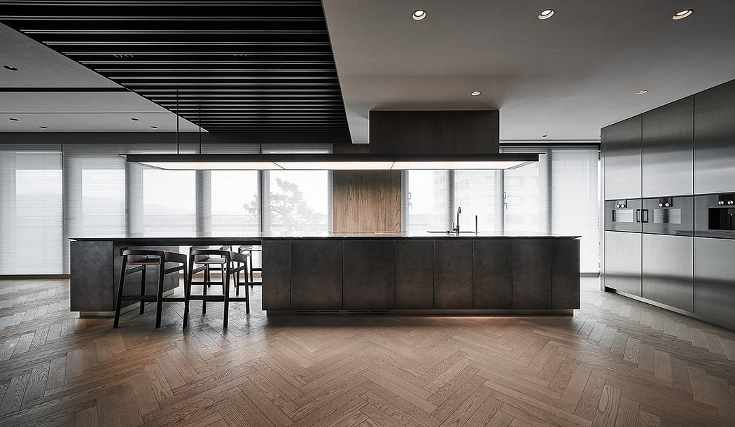 Sleek, modern kitchen with black cabinetry, wood accents, and a center island with bar seating.