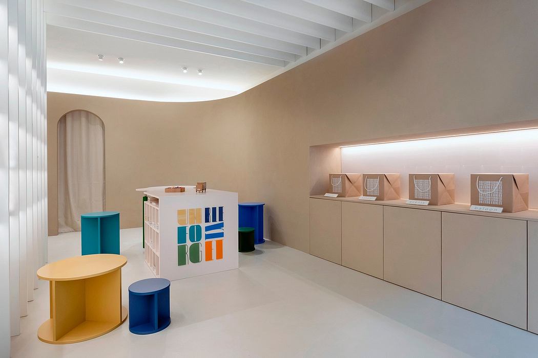 A modern, minimalist interior design with geometric shapes, neutral tones, and functional furniture.