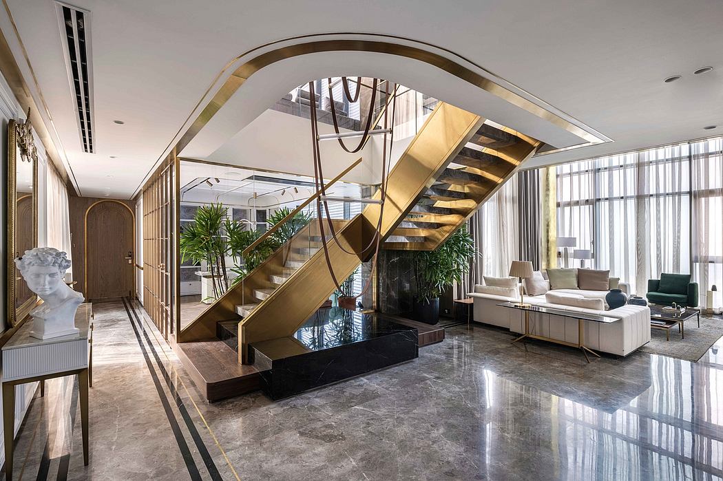Elegant modern interior design with curved staircase, marble floors, and potted plants.