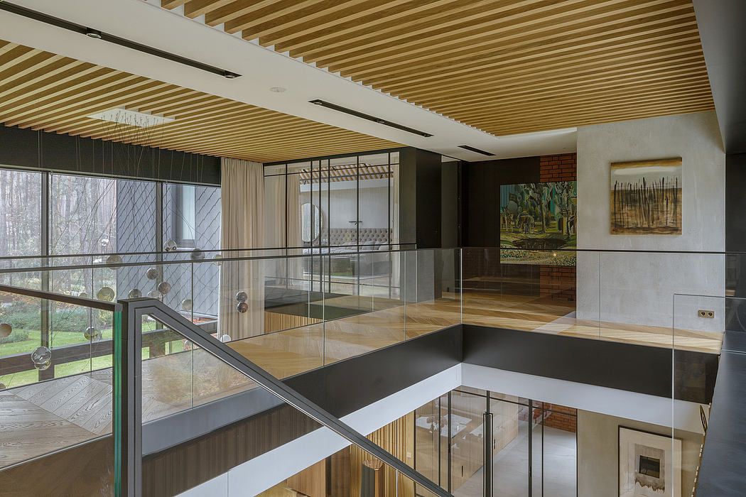 Expansive wooden ceiling beams, glass walls, and sleek modern interior design.