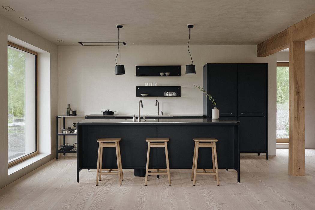 Sleek, minimalist kitchen with black cabinetry, wooden accents, and pendant lighting.