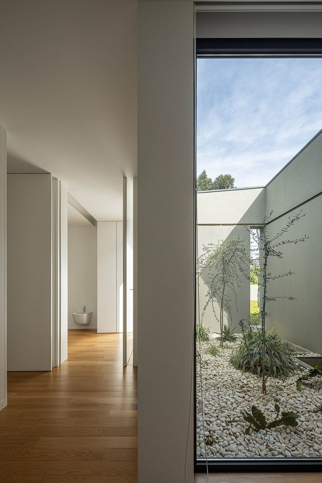 Minimalist interior with sleek glass window overlooking a serene rock garden.
