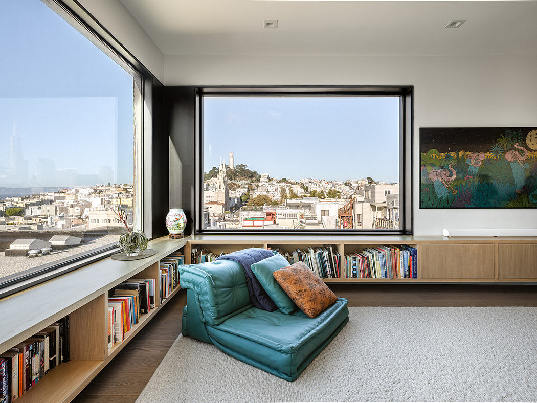 Breathtaking urban cityscape framed by expansive window and modern library space.