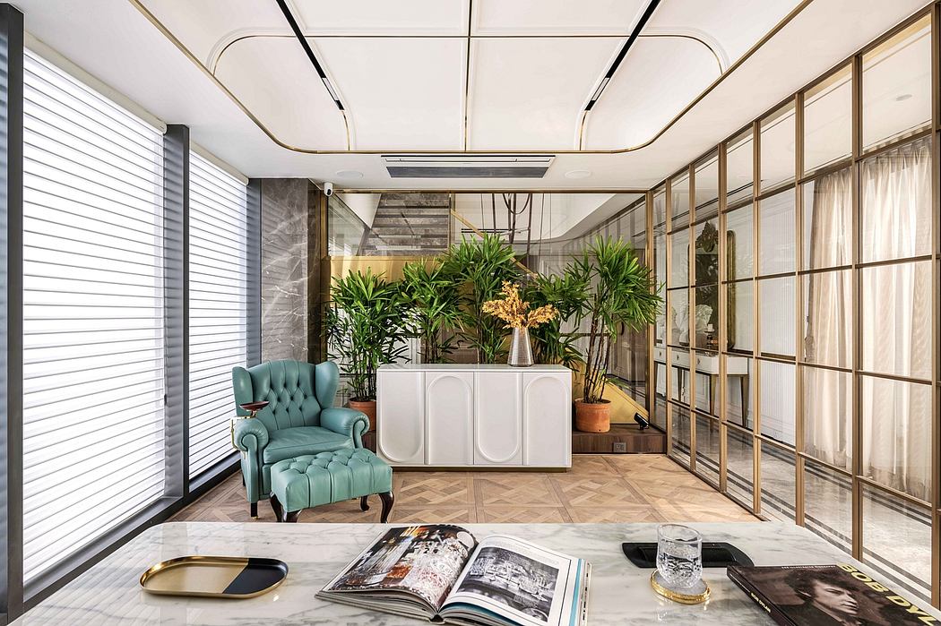 Contemporary office space with ornate ceiling, glass walls, and lush greenery accents.