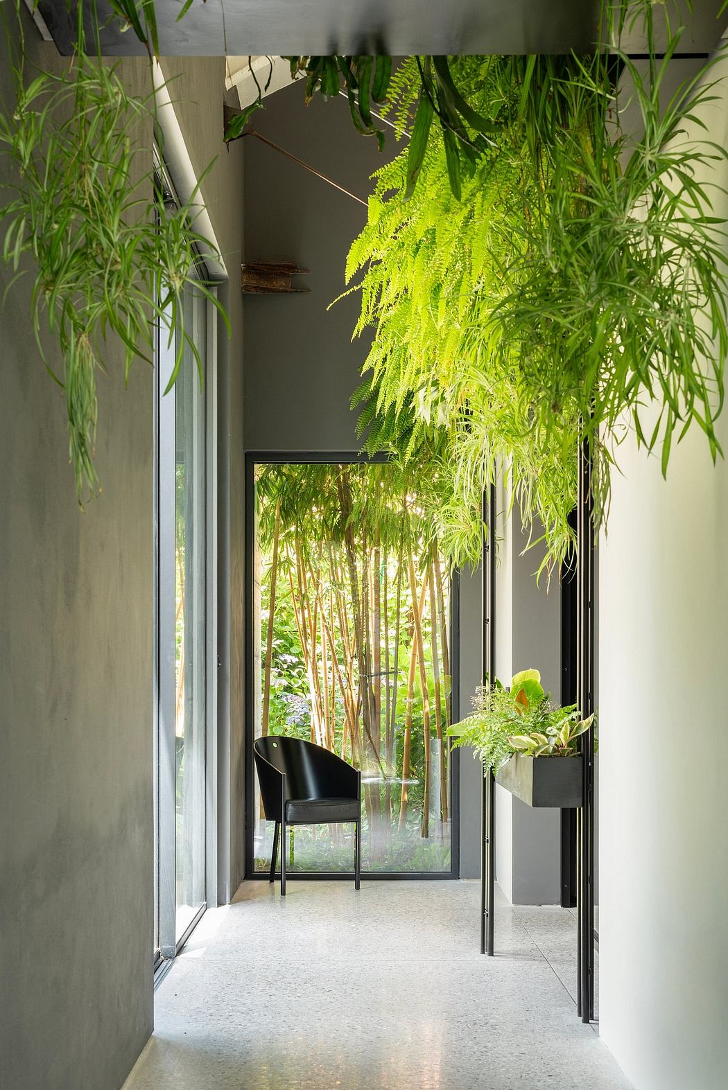 A tranquil indoor oasis with lush greenery, modern furnishings, and abundant natural light.