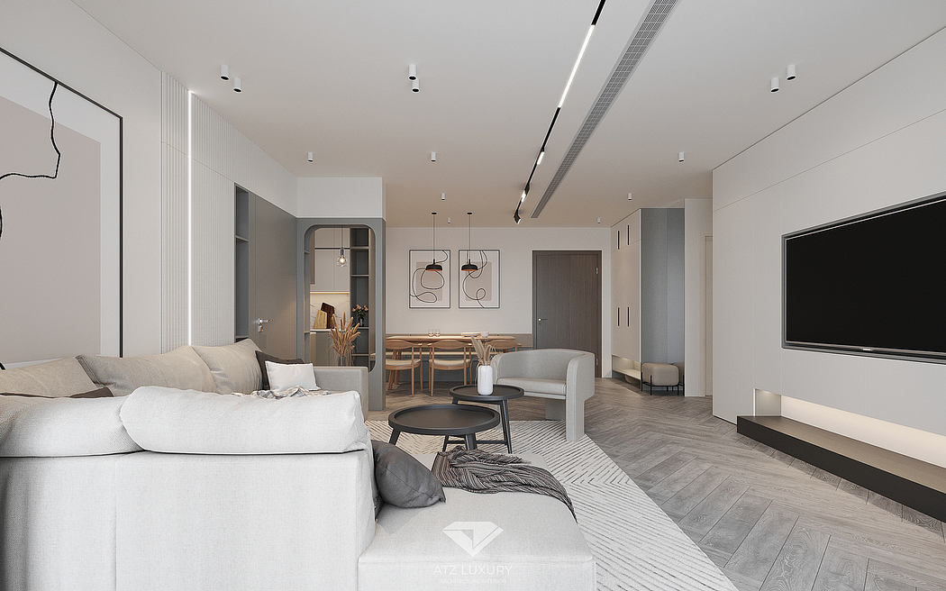 Minimalist apartment design with sleek furniture, recessed lighting, and hardwood floors.