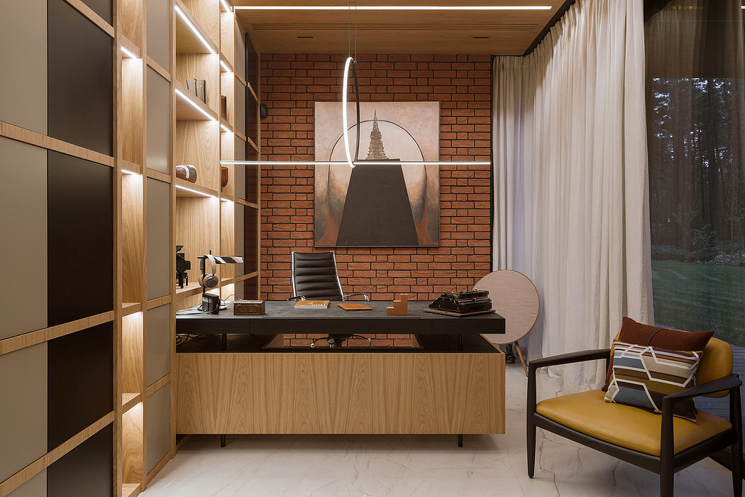 A modern, minimalist home office with a brick accent wall, wood furniture, and stylish decor.