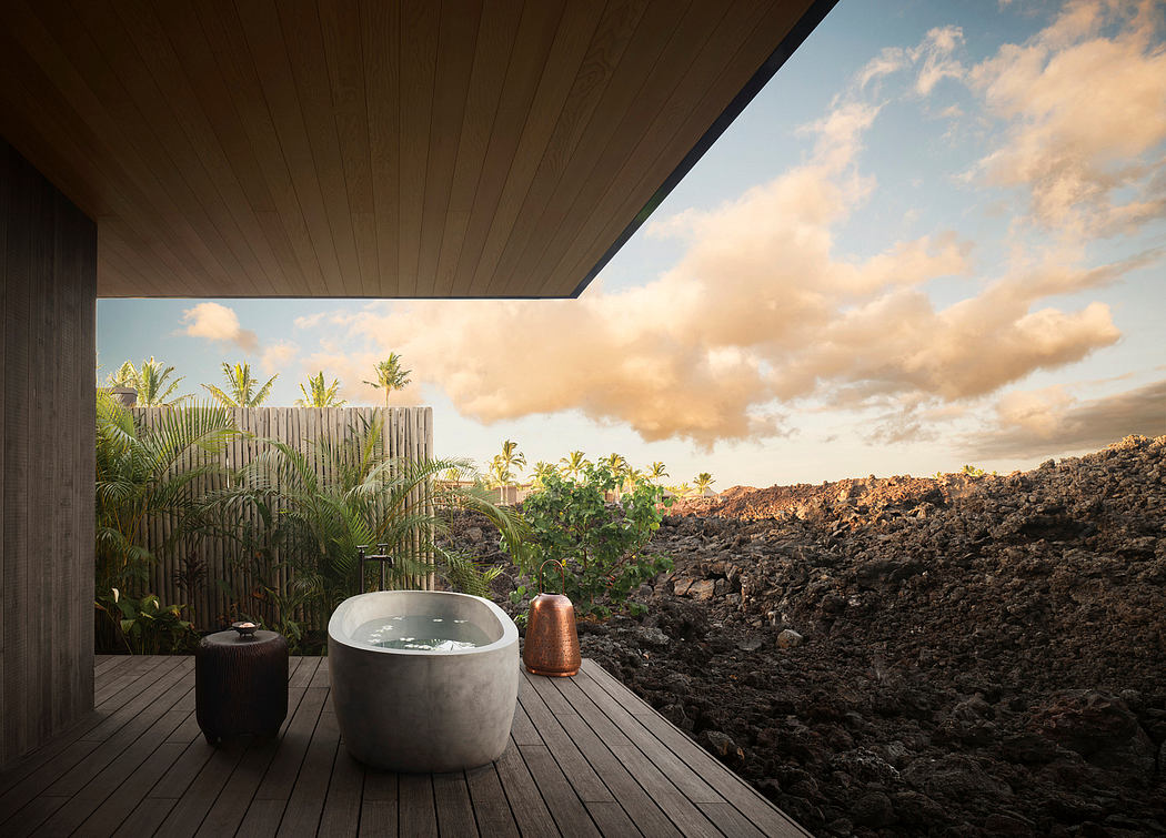 Secluded outdoor spa area with stone tub, wooden deck, and dramatic lava rock surrounds.