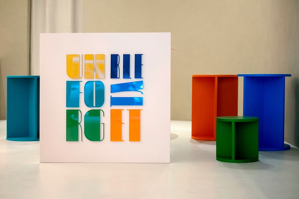 Vibrant geometric shapes and cubes in a minimalist, modernist interior design.