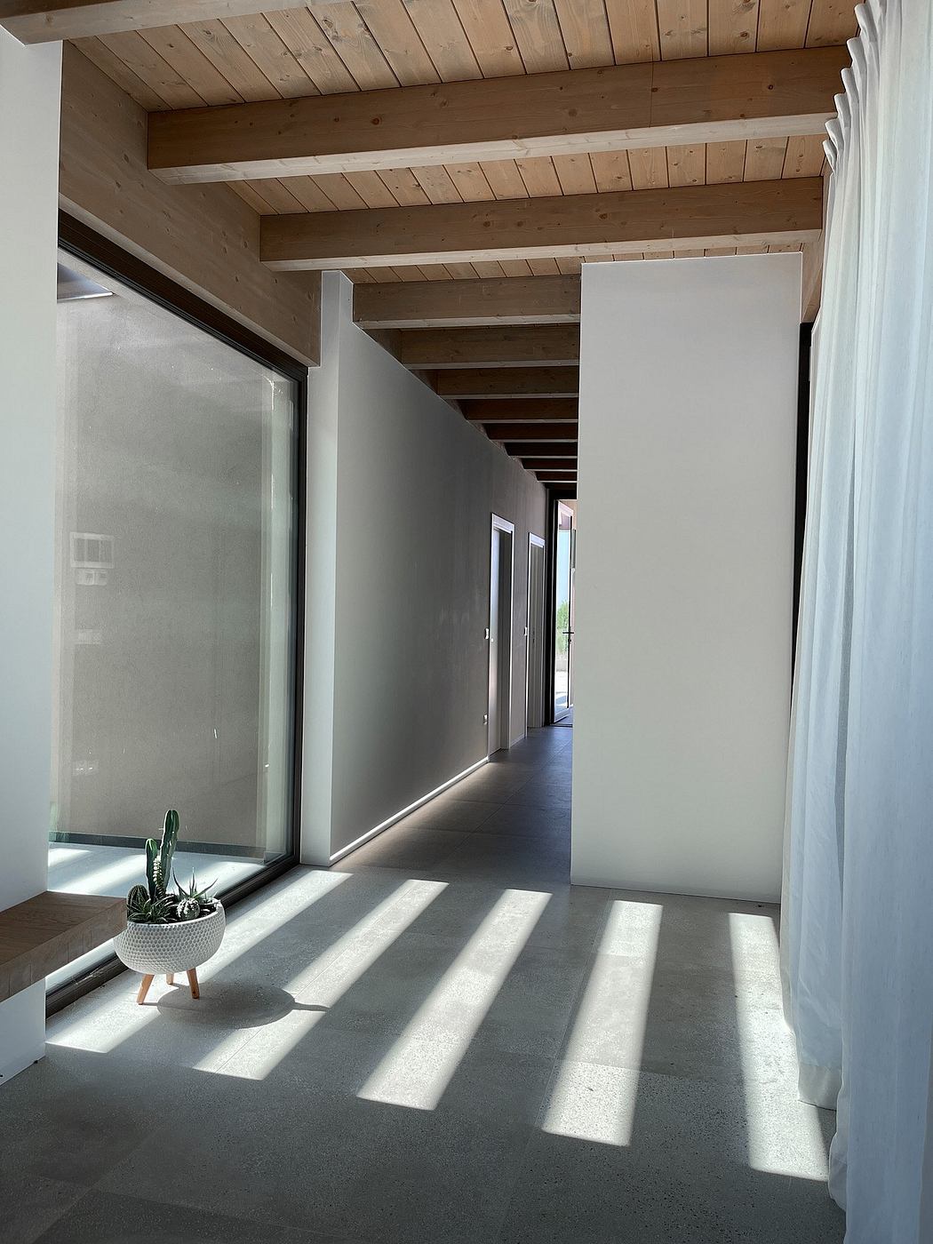 Minimalist hallway with wooden beams, glass panels, and a potted cactus, creating a serene atmosphere.