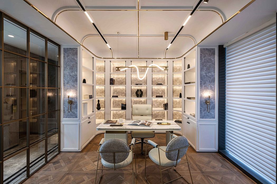 Sophisticated home office with sleek lighting, built-in shelving, and parquet flooring.