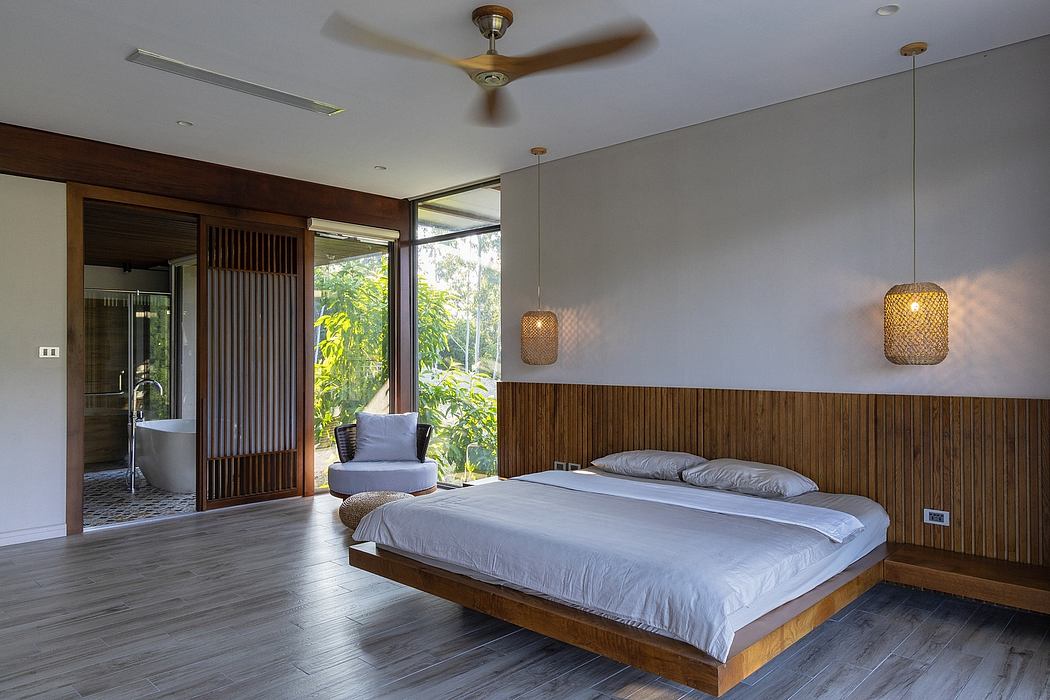 A modern bedroom with a wood-paneled wall, a large bed, and pendant lighting fixtures.