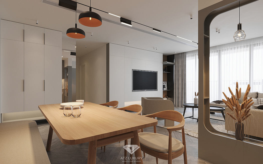 Sleek modern dining area with wooden table, hanging lamps, and built-in TV cabinet.