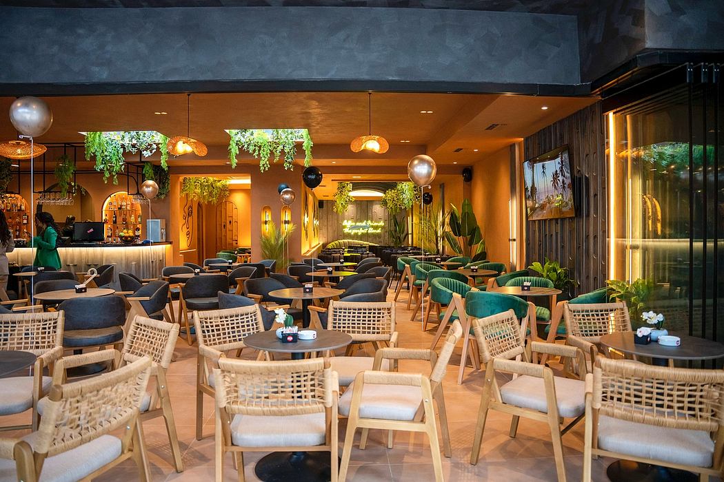 Cozy modern lounge with woven furniture, lush greenery, and warm lighting accents.