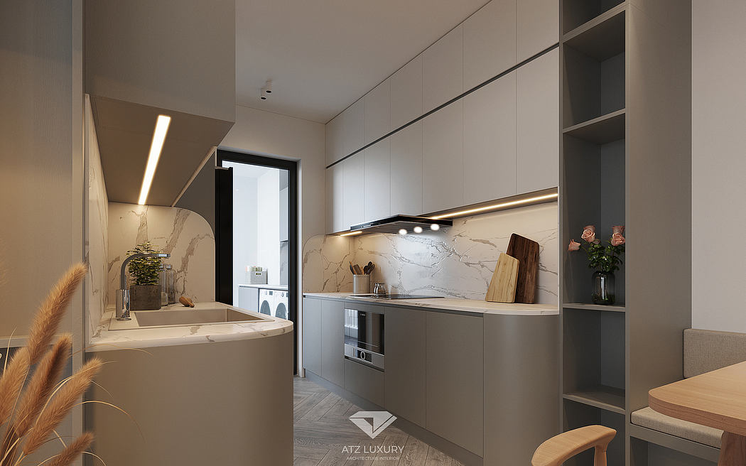 Modern kitchen with sleek cabinetry, marble backsplash, and recessed lighting.