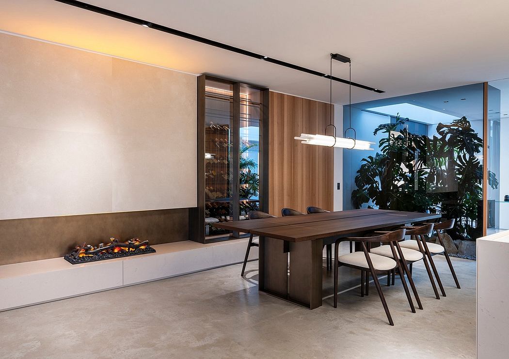 Modern dining room with wood paneling, pendant lighting, and concrete flooring. Fireplace and greenery accent the space.