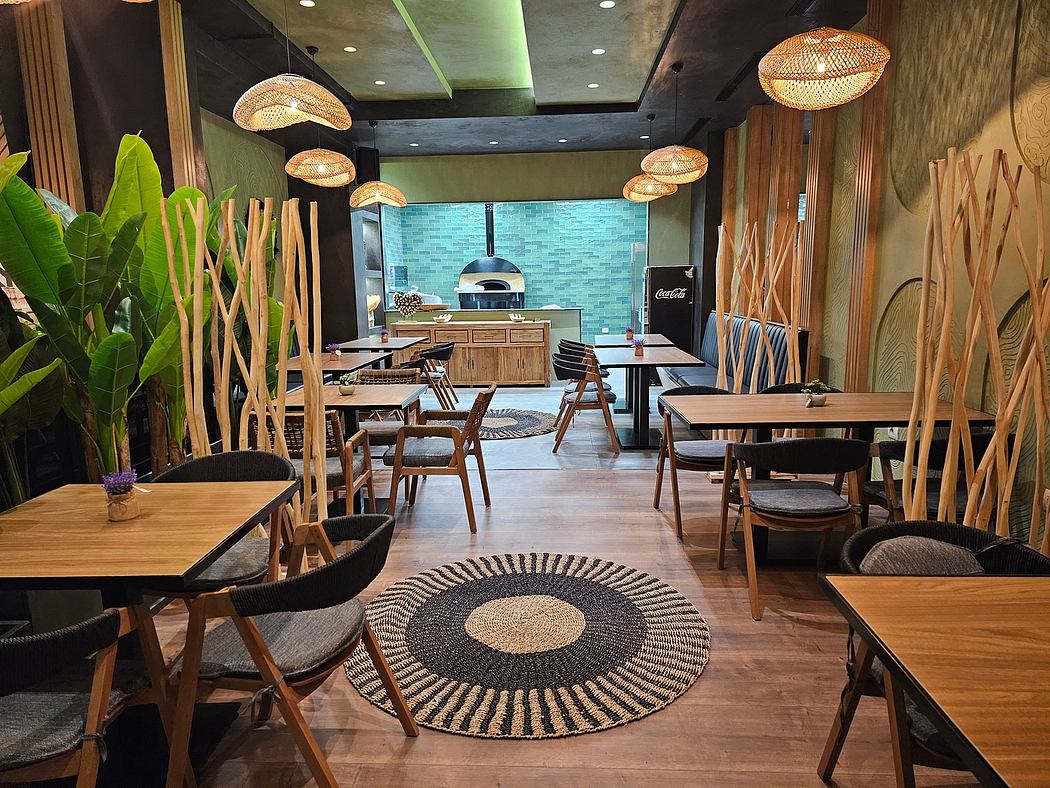 A cozy restaurant interior with warm lighting, wooden furniture, and decorative plant accents.