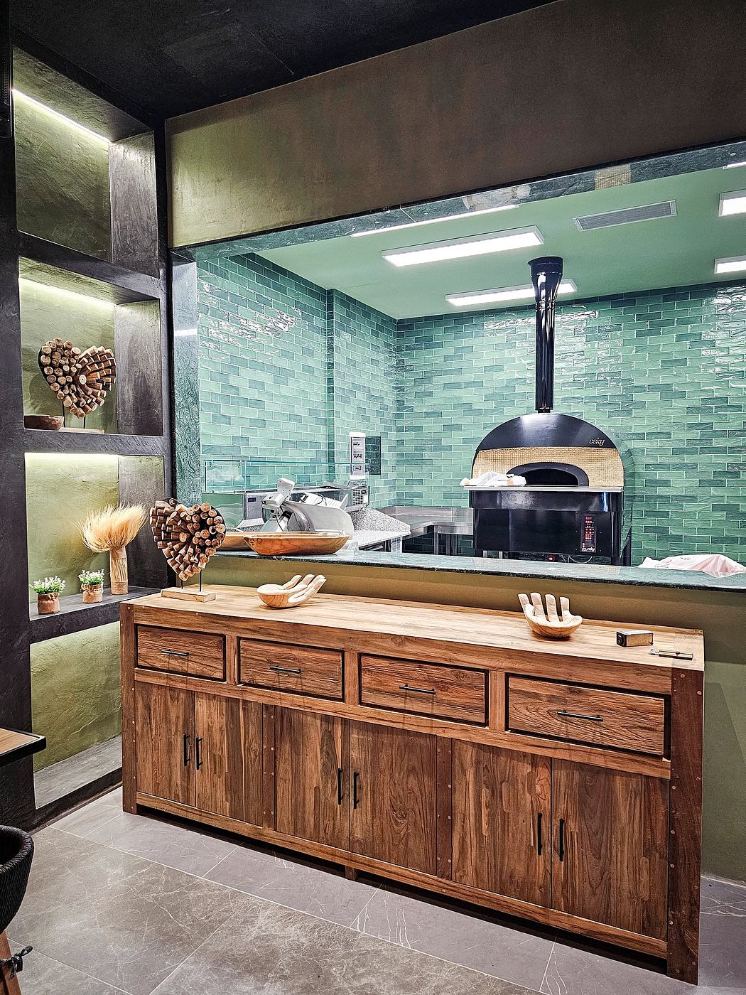 A modern kitchen with a wood-paneled cabinet, brick backsplash, and a wood-fired pizza oven.