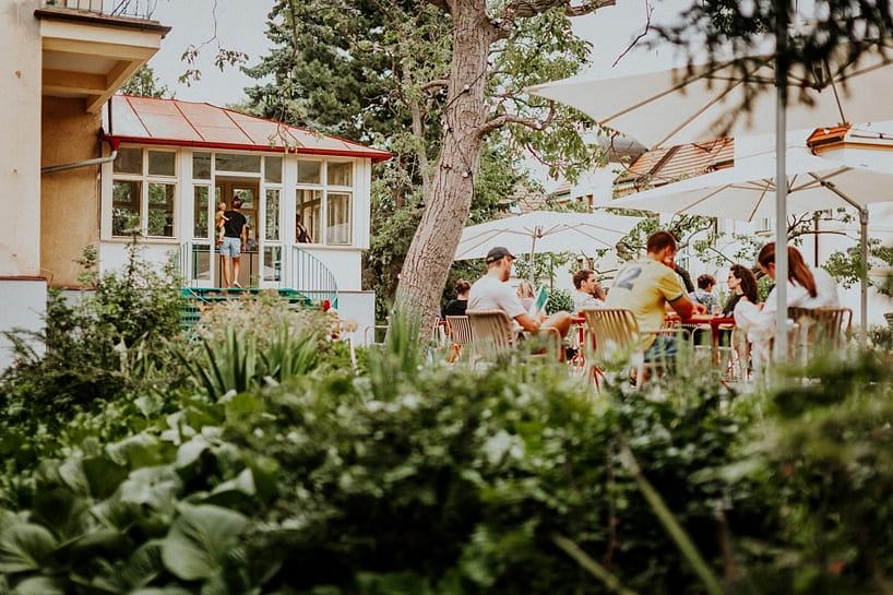 A cozy outdoor cafe nestled among lush greenery, with a weathered wooden building and patio seating.