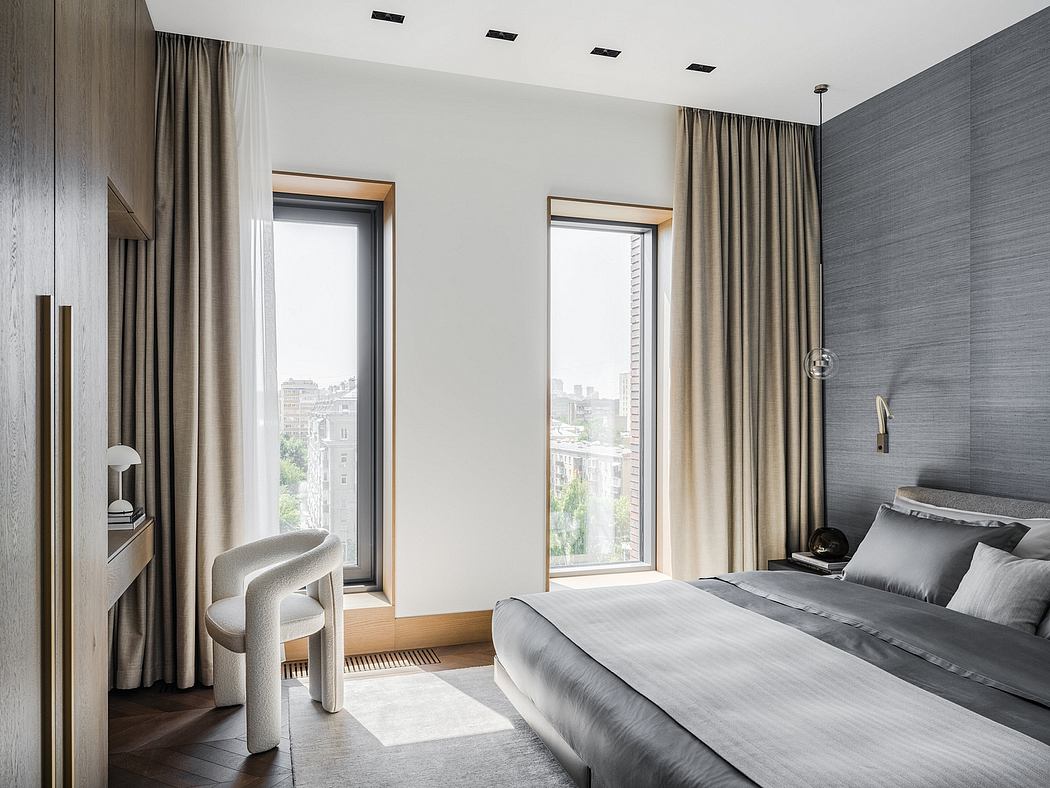 Elegant modern bedroom with floor-to-ceiling windows, neutral color palette, and minimalist decor.