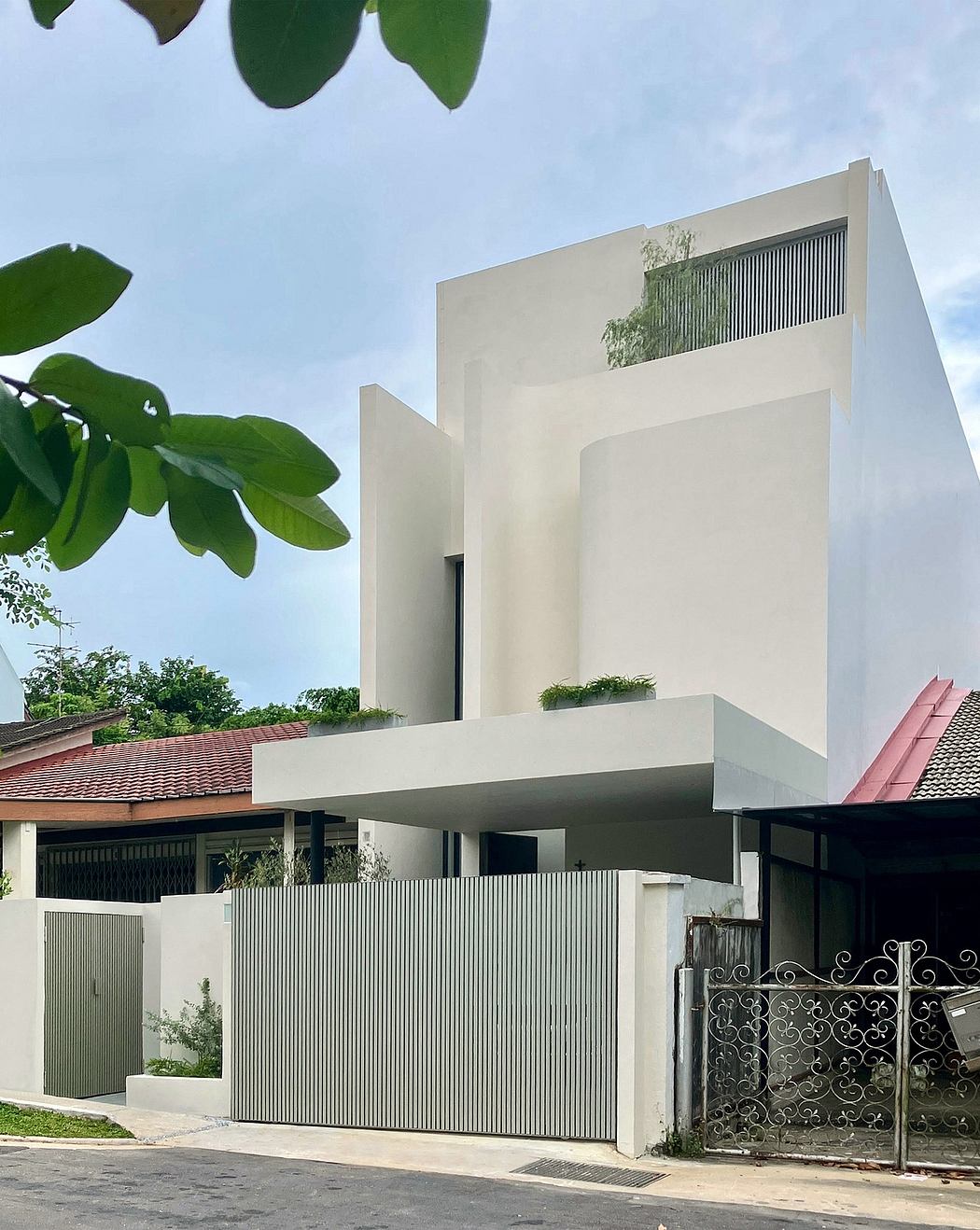 Modern architectural design featuring clean lines, textures, and natural elements.