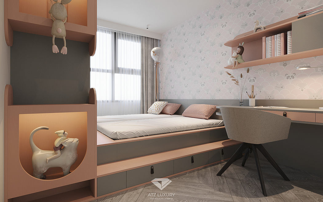 Cozy bedroom with built-in bed, desk, and shelving in pastel colors and playful decor.