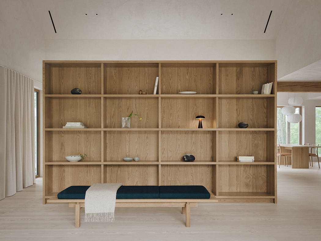 A minimalist interior design with a wooden shelving unit and a simple bench.