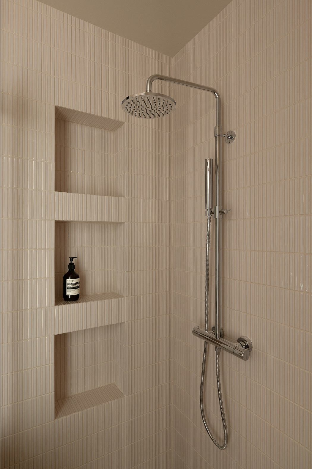 Sleek, modern shower with built-in shelving and a large rainfall showerhead.