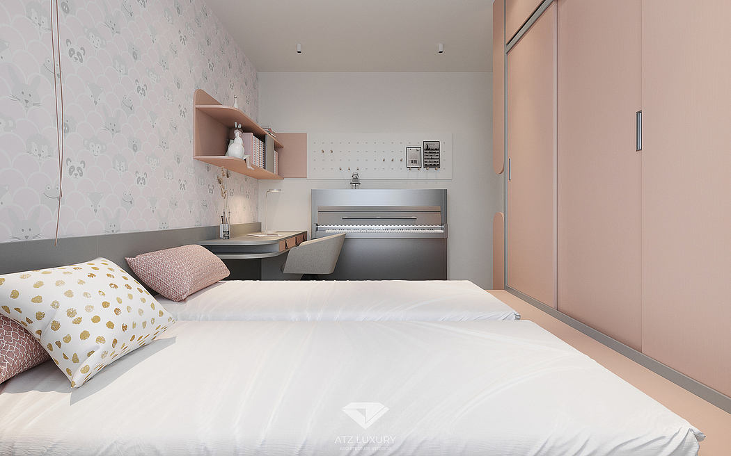 Cozy bedroom with built-in shelving, desk, and pastel-colored furnishings.