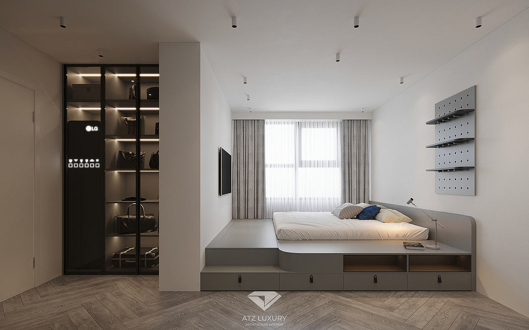 Modern bedroom design with minimalist platform bed, built-in storage, and chevron wood flooring.