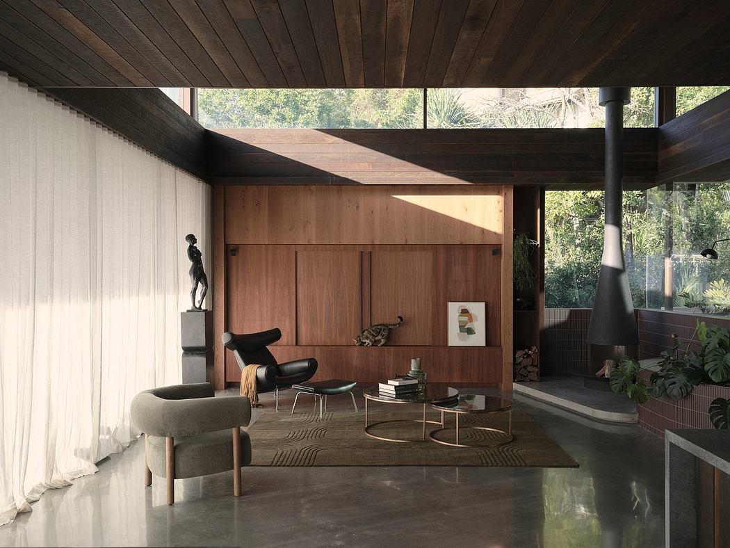 Sleek, mid-century modern living space with wooden beams, floating shelves, and minimalist furniture.