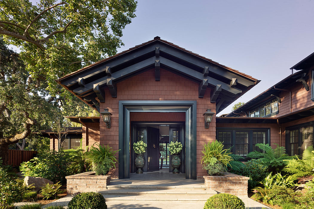 Rustic wood-and-stone exterior with decorative trim, inviting front entrance.